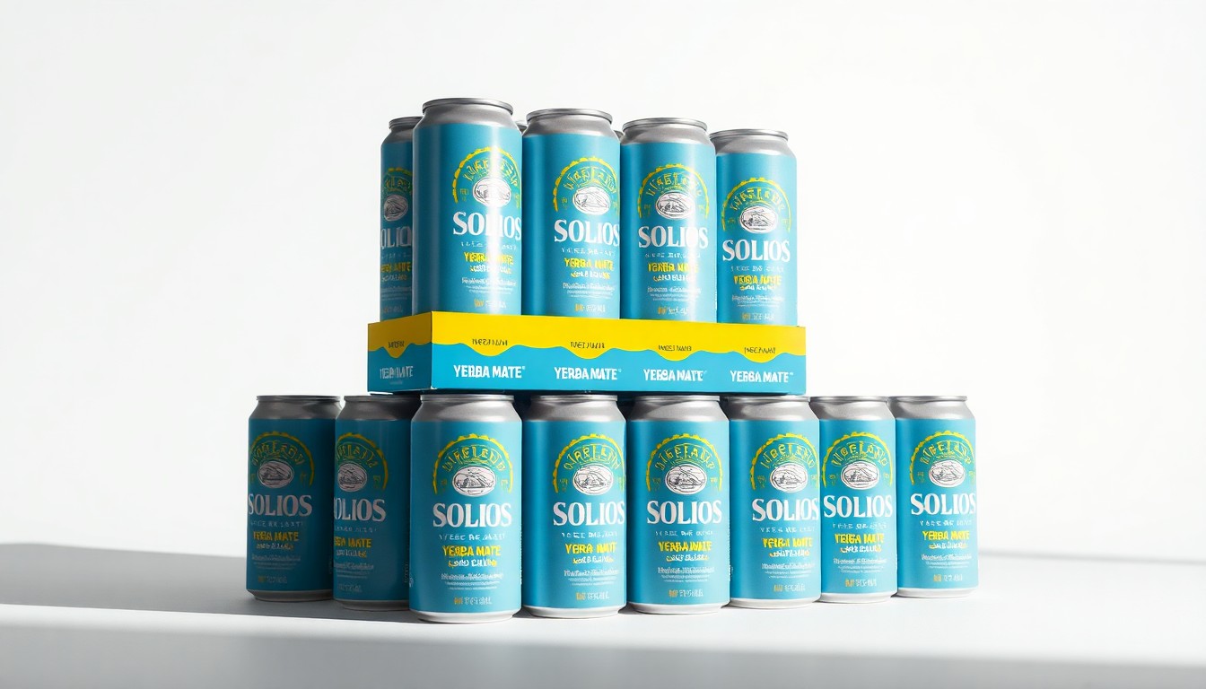 A high-end, photorealistic studio still-life photograph featuring a stack of light blue cans with bold yellow accents, representing the premium packaging design of the SOLLOS Yerba Mate beverage brand.