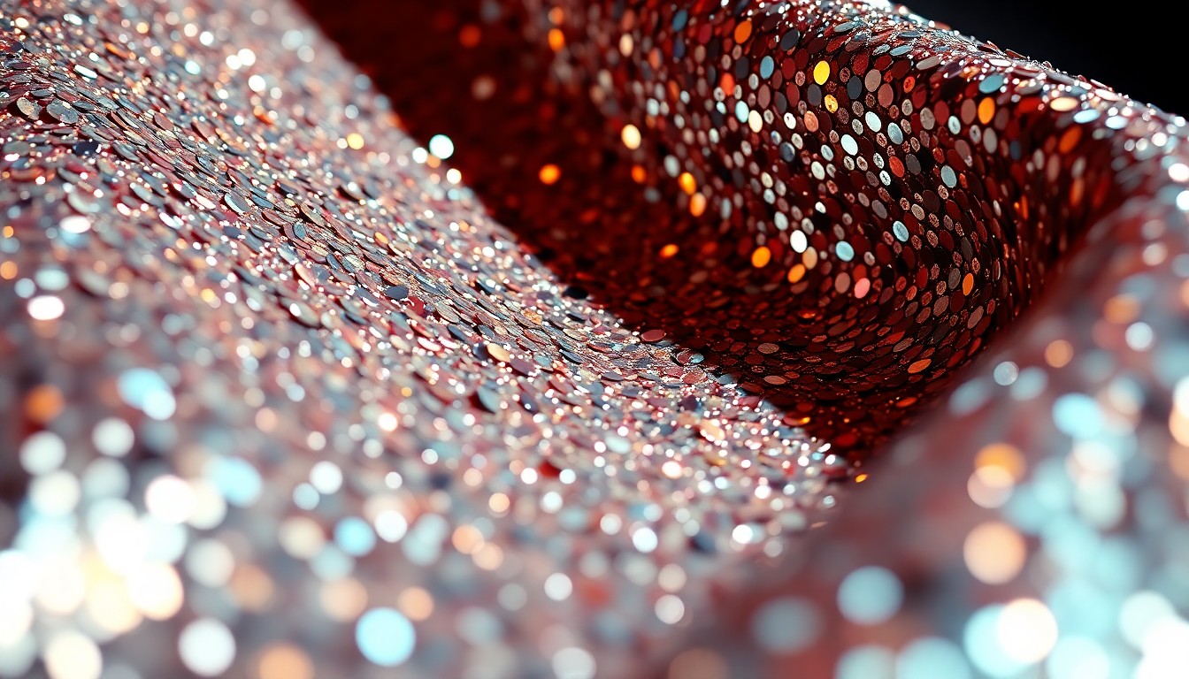 An extreme close-up photograph of shimmering, high-contrast sequins and glittering textures, conceptually representing the glamour and high-fashion aesthetic associated with the success of Australian artists on the international stage.