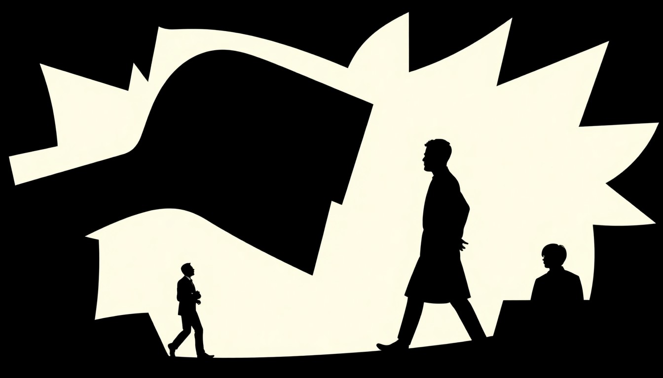 An abstract, minimalist composition featuring stark, jagged geometric shapes and heavy black silhouettes, conceptually representing the tension between personal and professional interests within a cultural institution.