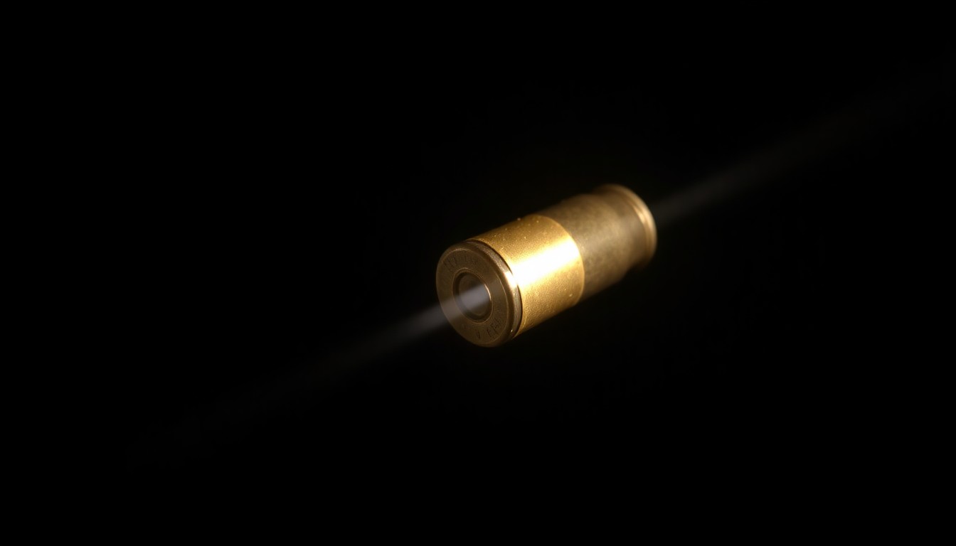 An extreme close-up photograph of a single .22 caliber bullet casing, the metallic surface reflecting the harsh light of the camera flash against a pitch-black background, conceptually representing the physical evidence at the center of a suspected double murder investigation.