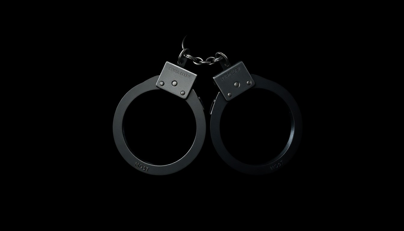 An extreme close-up photograph of a pair of handcuffs against a stark black background, the metal reflecting the harsh light of the camera's flash, conceptually representing the security issues raised by an inmate's escape.