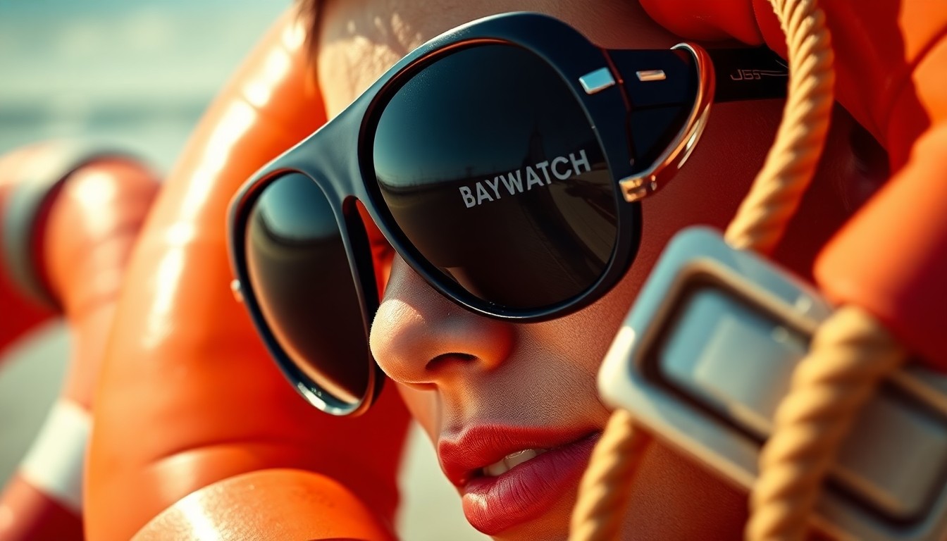 An extreme close-up photograph of glistening, textured lifeguard equipment like sunglasses, rescue buoys, and neoprene fabric, captured in a high-contrast, glamorous style that evokes the sun-drenched world of Baywatch without depicting any people or identifiable locations.