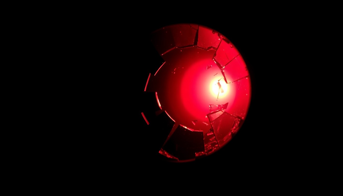 An extreme close-up of a shattered car sensor lens reflecting a faint red light, conceptually illustrating the vandalism of self-driving cars.