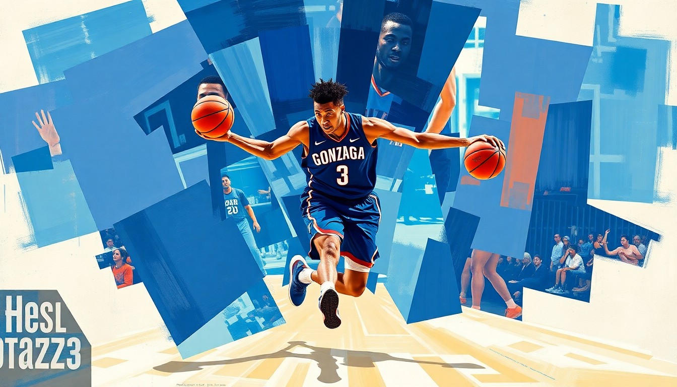 A cubist-style painting depicting a college basketball player in motion, their body fragmented into sharp, overlapping geometric shapes in Gonzaga's blue and red colors, conveying the dynamic energy of the sport.