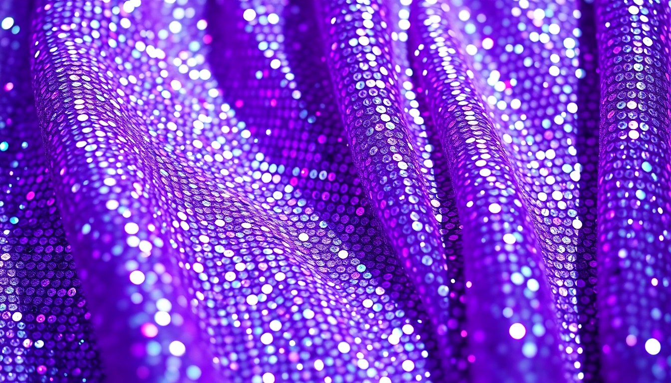An extreme close-up photograph of shimmering purple sequins and glittering fabric, capturing the glamorous and high-energy atmosphere of a major music festival performance.