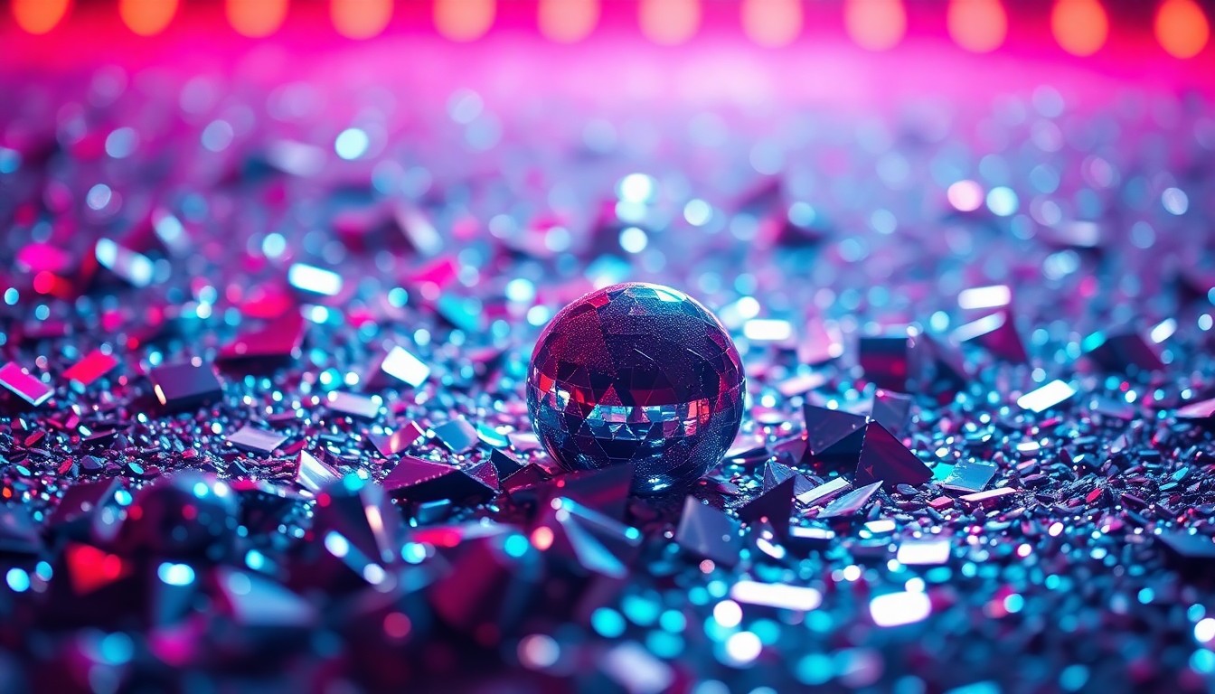 An abstract, high-contrast close-up photograph of glittering sequins and shattered disco glass, capturing the glamour and energy of a music festival performance.