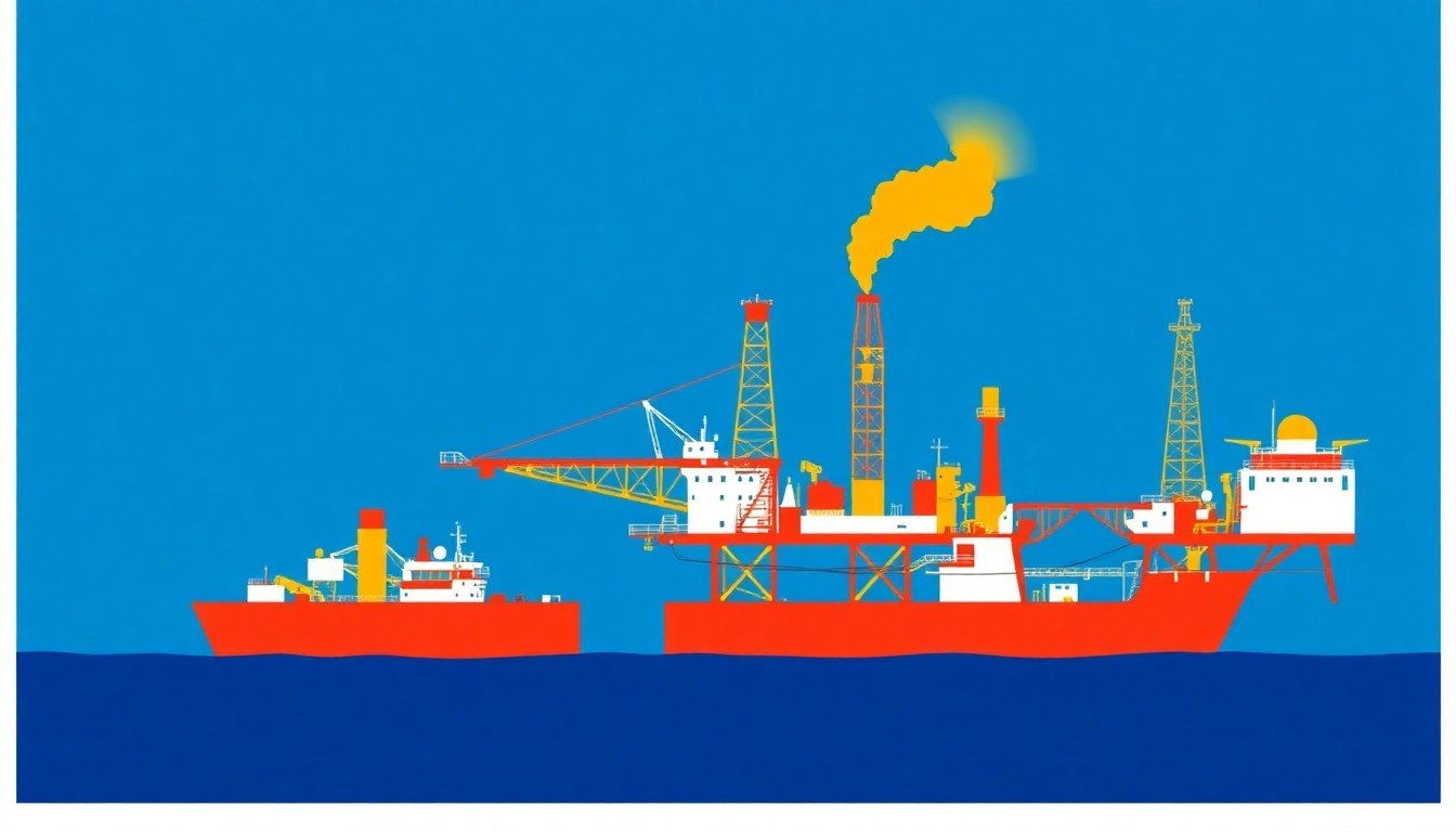 A highly stylized, abstract illustration featuring bold, primary-colored geometric shapes and clean lines, conceptually representing the complex networks of oil and gas fields, pipelines, and infrastructure that fueled the North Sea's energy boom in the 1980s.