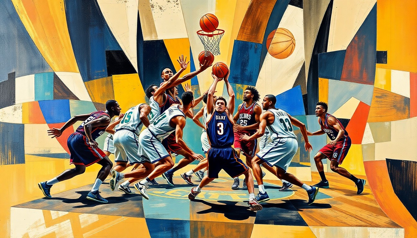 A fragmented, geometric painting depicting the dynamic action of a basketball game, with the players' forms broken down into sharp, overlapping shapes and planes that capture the intensity of the competition.
