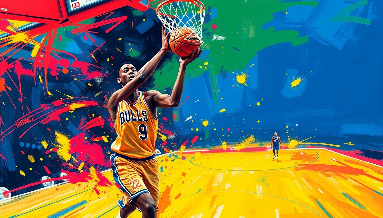 An abstract expressionist painting in neon colors depicting the dynamic motion and energy of a basketball player making a game-winning play, with faces and details dissolving into vibrant brushstrokes.