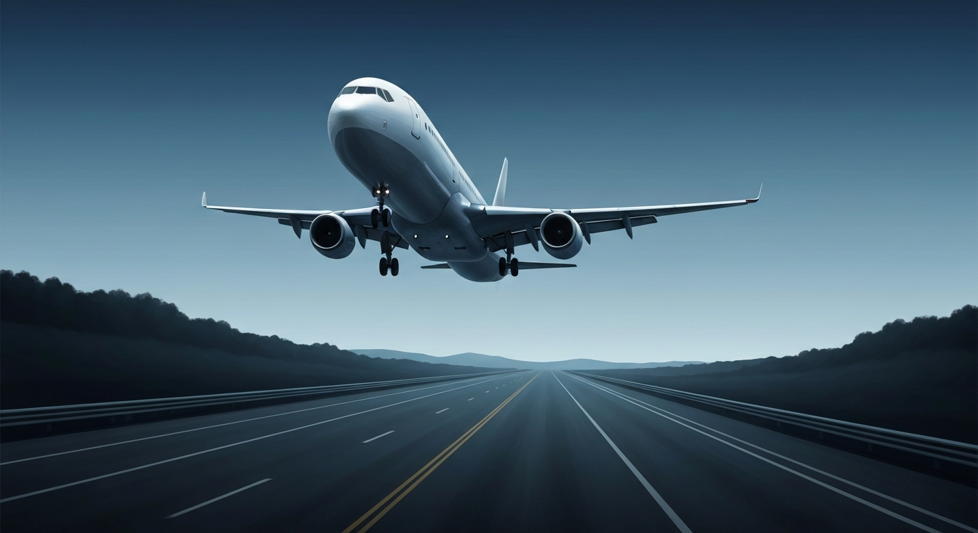 A bold, geometric illustration in the Art Deco style depicts a massive commercial airliner descending over a highway landscape, conveying the grand scale and technical expertise required for such a low approach.