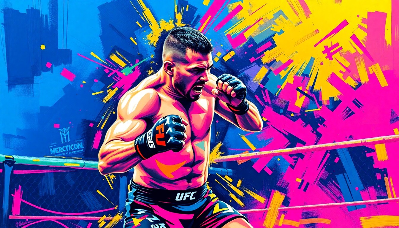 An abstract, neon-colored painting depicting the explosive movements and energy of a UFC fighter in the octagon, with rapid brushstrokes of electric blue, hot pink, and neon yellow creating a sense of dynamic action.