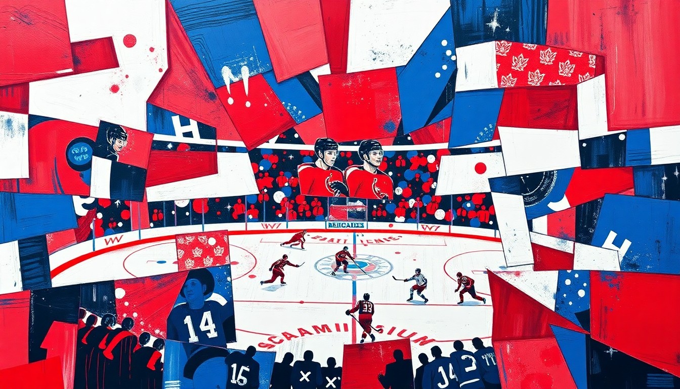 A cubist, geometric painting depicting a Capitals hockey game, with sharp, overlapping planes of red, white, and blue capturing the dynamic action on the ice.