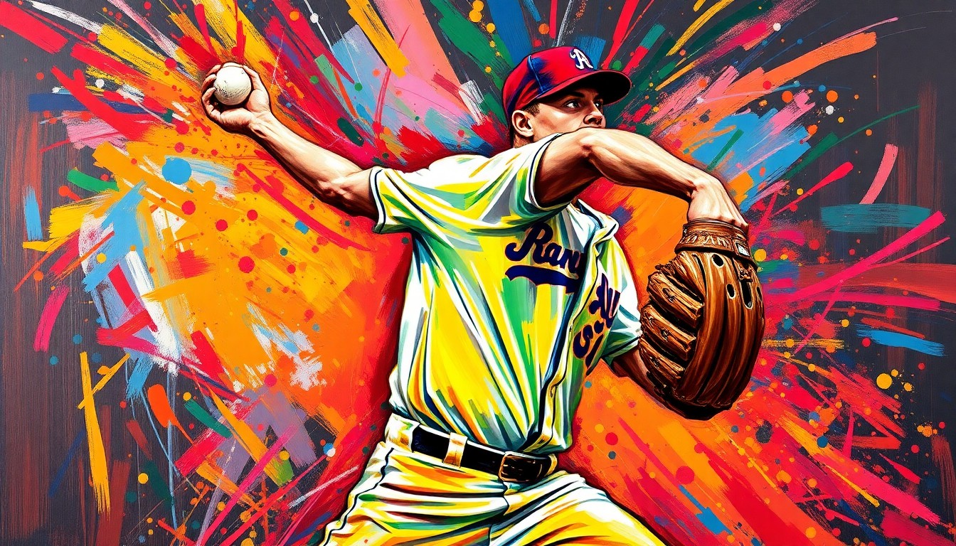 An extreme close-up of a baseball pitcher's throwing motion, with vibrant neon colors and rapid brushstrokes creating an abstract, expressionist depiction of the dynamic movement and energy of the pitch.