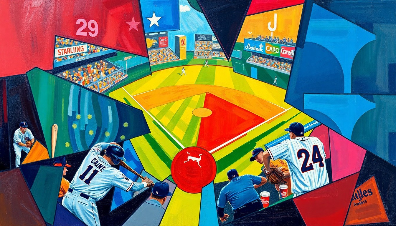 A fractured, geometric painting in vibrant colors, depicting a baseball game or match broken down into sharp, overlapping planes, representing the strategic composition of the Syracuse Mets' 2026 roster.
