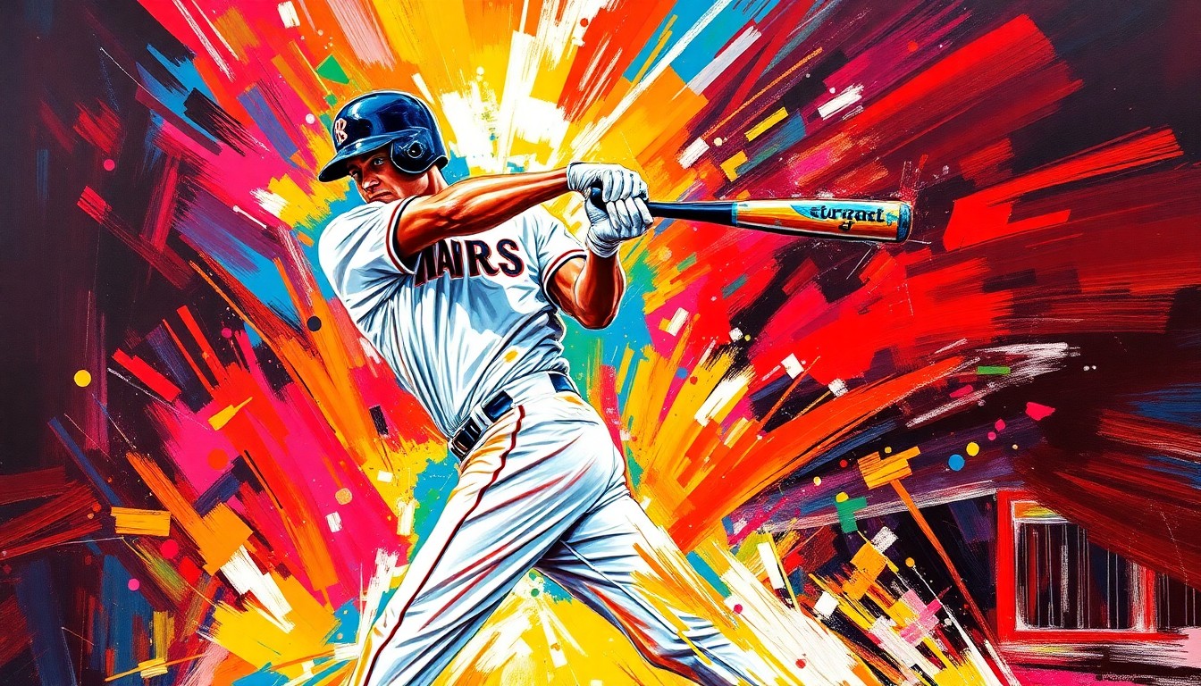 An abstract, energetic painting using vibrant neon colors and expressive brushstrokes to depict the powerful swing and motion of a baseball player hitting a home run.