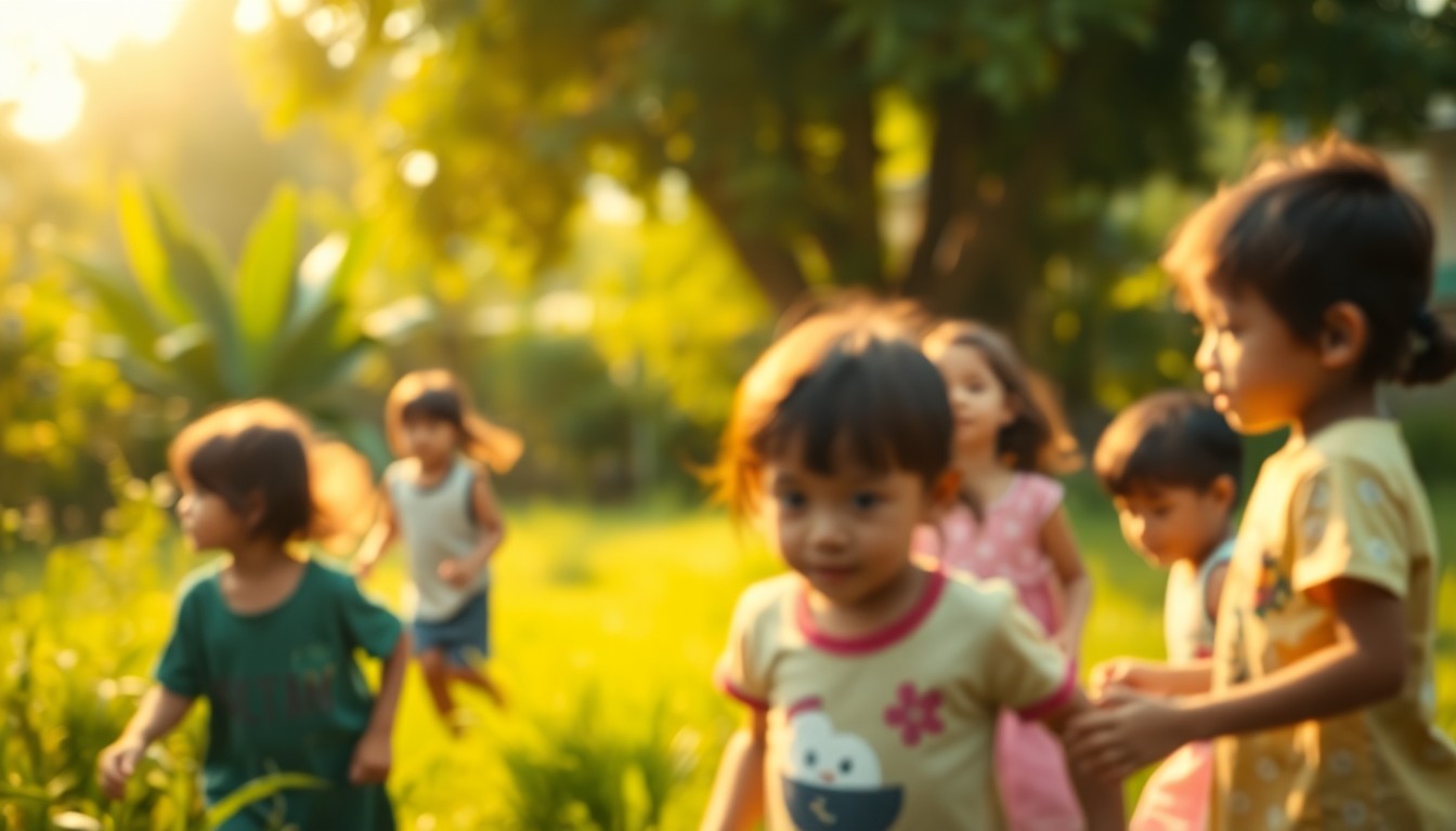 A soft, blurred photograph of children playing in a lush garden, conceptually representing the safe and supportive environment of Bale's foster home village.