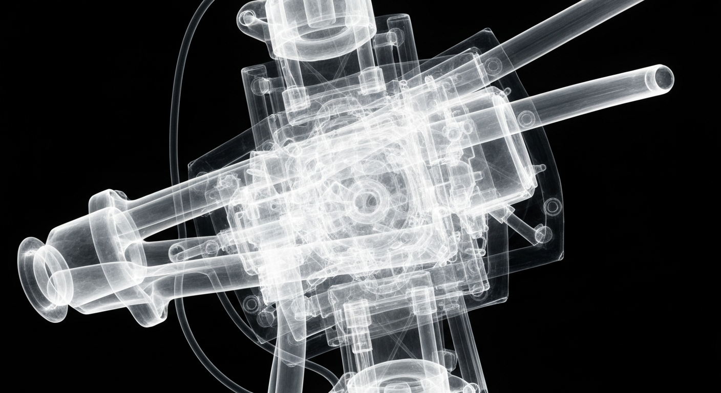 A translucent, ghostly X-ray photograph revealing the intricate internal structure of a complex medical device or piece of laboratory equipment, conveying a sense of scientific innovation and the pursuit of knowledge.