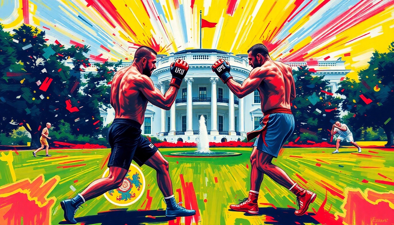 An abstract, expressionist painting in neon colors depicting the intense action and energy of a UFC fight, with the White House in the background, conveying the symbolic and cultural significance of this unprecedented event.