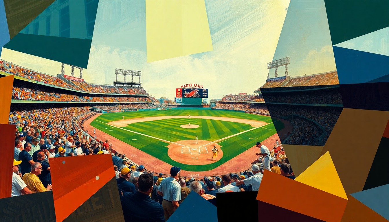 A cubist-style painting depicting a baseball game broken down into overlapping geometric shapes and planes, conveying the complex strategic decisions facing the Marlins as they navigate their roster changes.