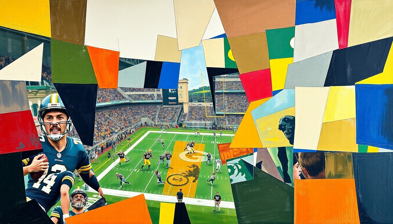 A cubist, geometric illustration depicting a Packers football game, with players and the field broken down into sharp, overlapping shapes and planes in a vibrant color palette.