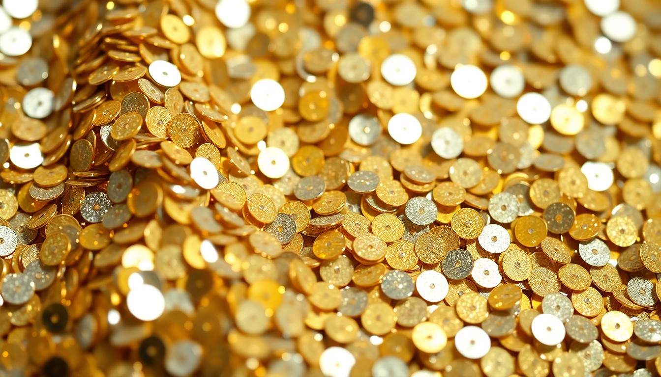 An abstract close-up photograph of shimmering, high-contrast sequins in metallic gold and silver tones, creating a glamorous, high-fashion aesthetic.