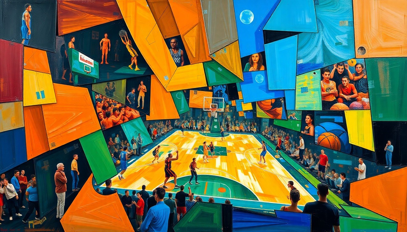 A fragmented, geometric painting depicting a basketball game or match, with sharp planes of color and overlapping shapes representing the strategic decisions and competing interests involved in the Rockets' franchise-altering trade.