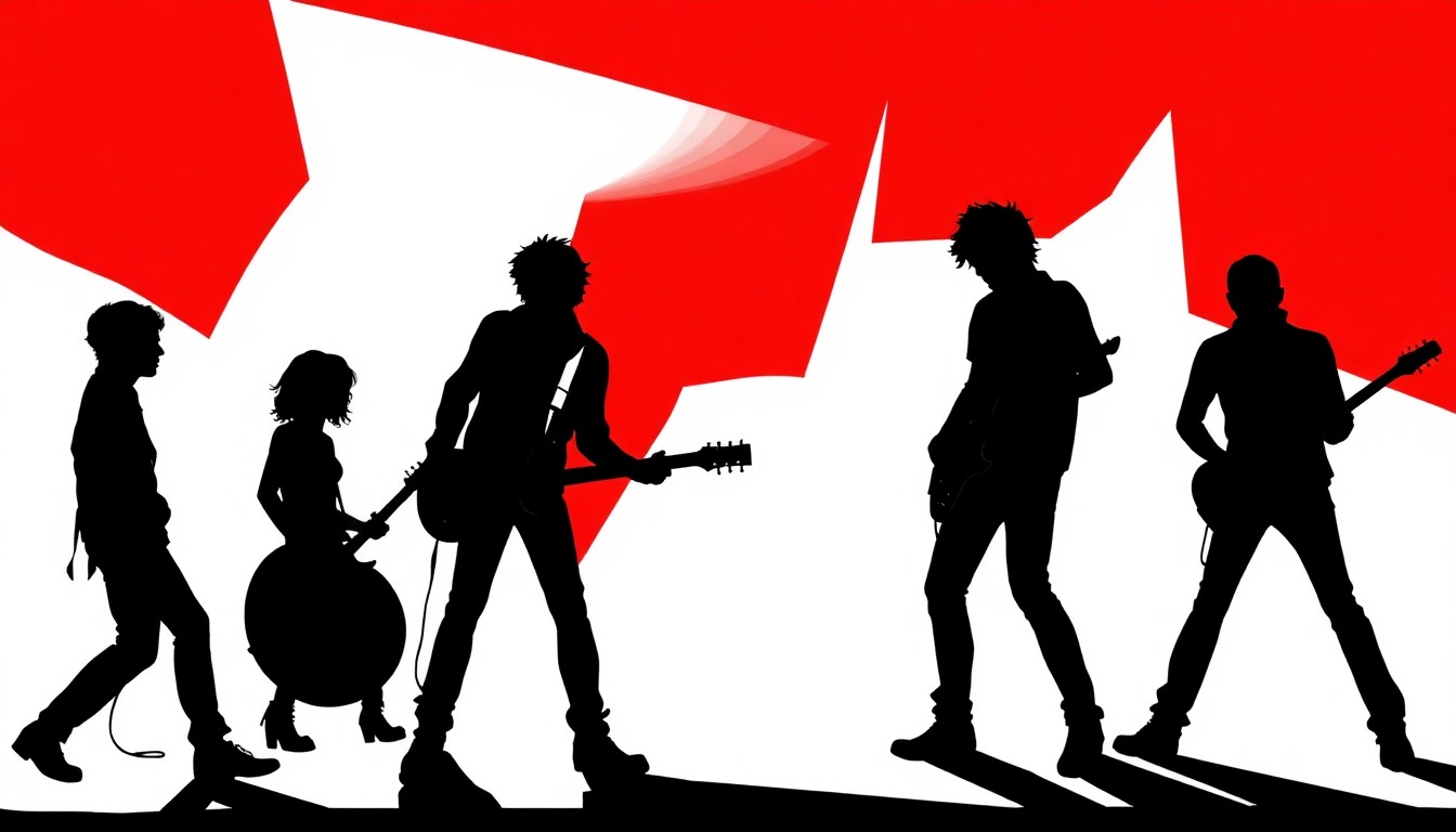 A conceptual illustration in the style of Saul Bass, featuring bold, jagged geometric shapes in striking red and white, representing the fragility and resilience of a punk rock band.