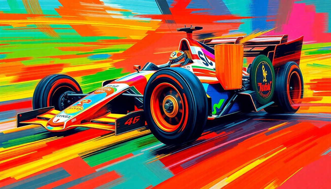 An abstract, expressionist painting in neon colors and energetic brushstrokes, depicting a high-speed race car in motion, conveying the raw power and excitement of the unexpected race outcome.