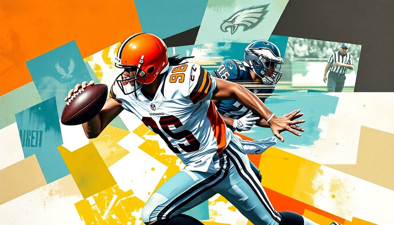 A fragmented, geometric painting depicting a football player in the midst of a pass rush, with sharp, overlapping planes of the team colors of the Cleveland Browns and Philadelphia Eagles, conveying the conceptual idea of a high-stakes player trade.