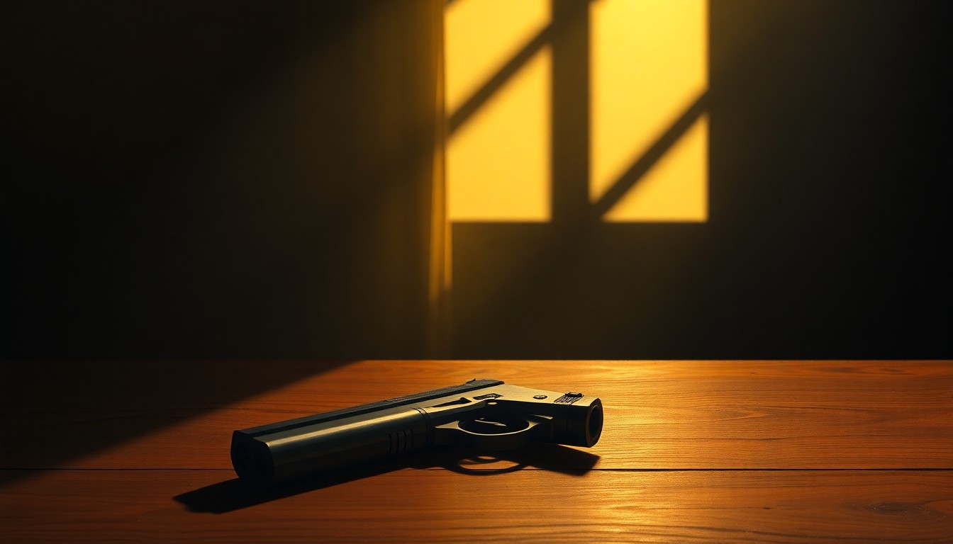 A serene, photorealistic painting of a handgun resting on a wooden table, with warm light and deep shadows creating a contemplative, cinematic mood.