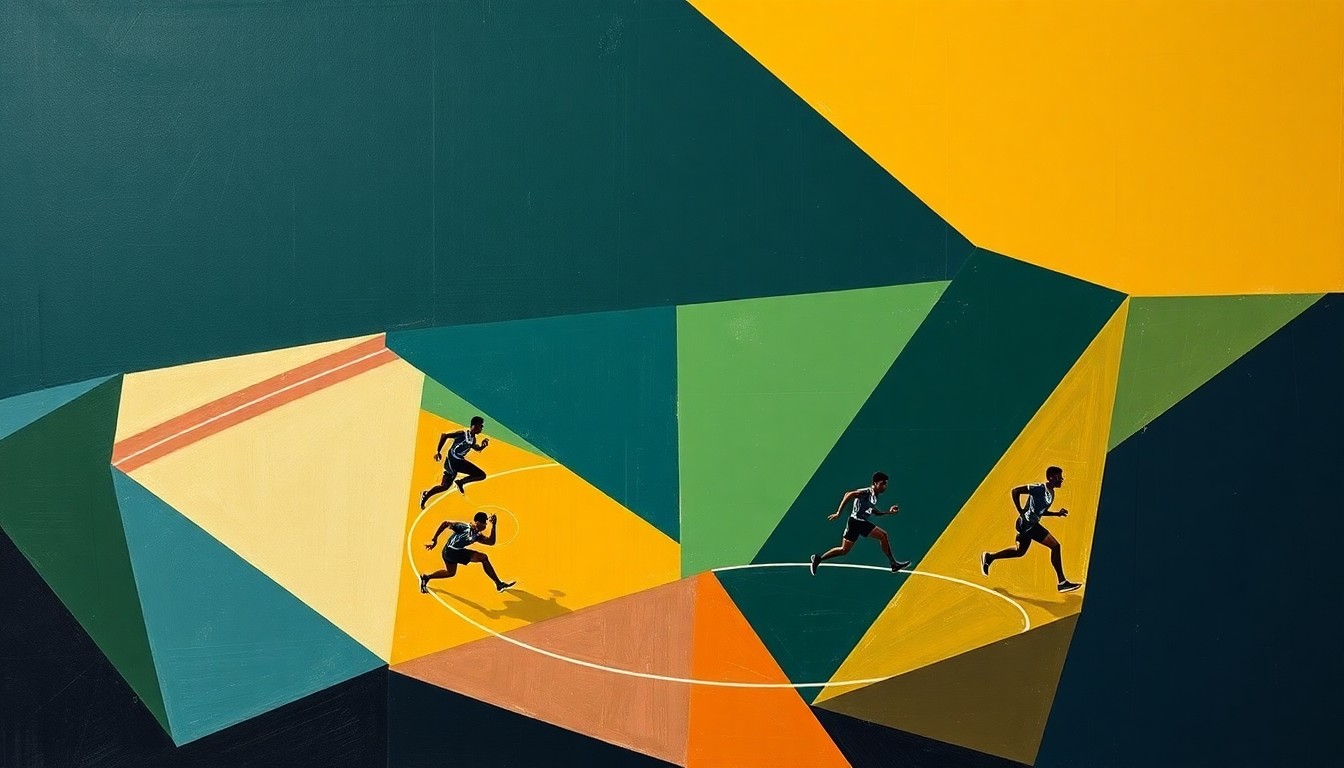 A cubist, geometric painting depicting a fractured, multi-perspective view of a track and field competition, with sharp, overlapping planes of color representing the various events and movements of the athletes.