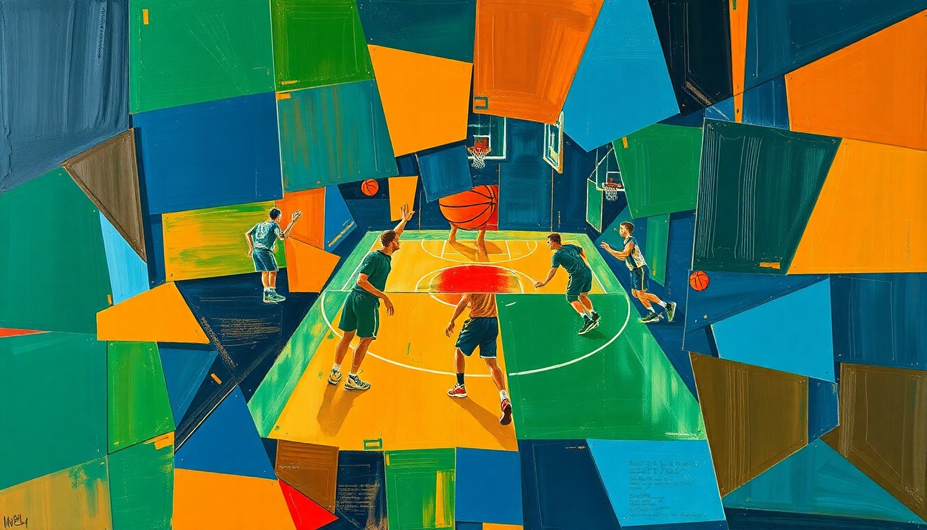 A cubist, geometric painting depicting fragmented basketball players and a basketball court, rendered in a palette of navy, green, and orange, conveying the concept of a team in transition and rebuilding for the future.