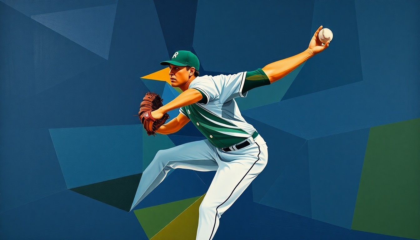 A fragmented, cubist-style painting depicting a baseball pitcher's throwing motion broken down into sharp, angular geometric shapes in a palette of navy, green, and orange, conveying the unpredictable nature of the new rule changes.