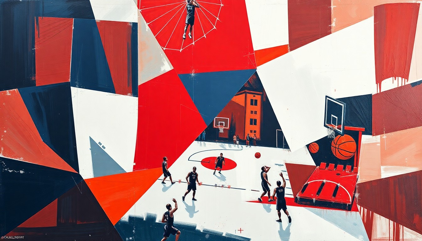 A fragmented, geometric painting depicting the action and intensity of a college basketball game, with sharp planes of crimson, navy, and white colors.