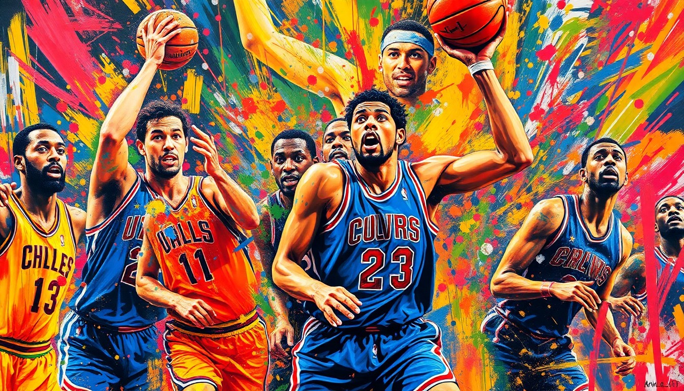 An abstract, energetic painting in vibrant neon colors depicting the frenetic action of a basketball game, with players' forms blurred and distorted into dynamic brushstrokes.