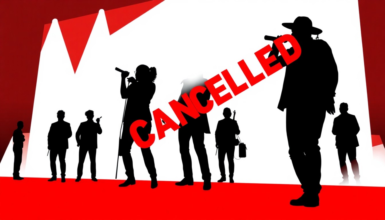 An extreme, abstract composition using bold black shapes and solid red and white colors to conceptually represent a cancelled live music event, without depicting any specific people, places or branding.