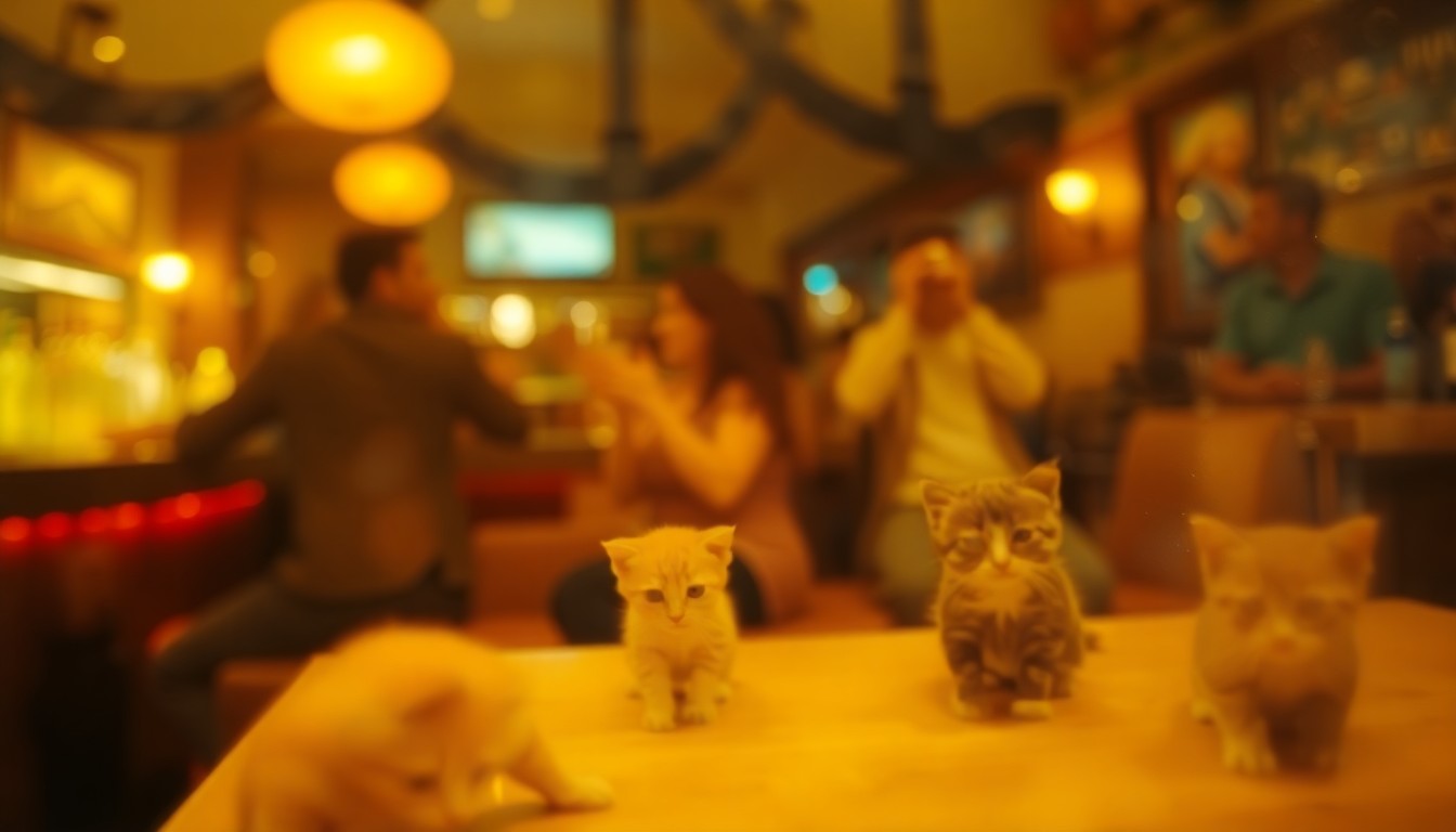An impressionistic, out-of-focus scene of people enjoying drinks at a bar with kittens playing in the foreground, captured in a warm, hazy color palette that evokes the cozy, community atmosphere of the event.