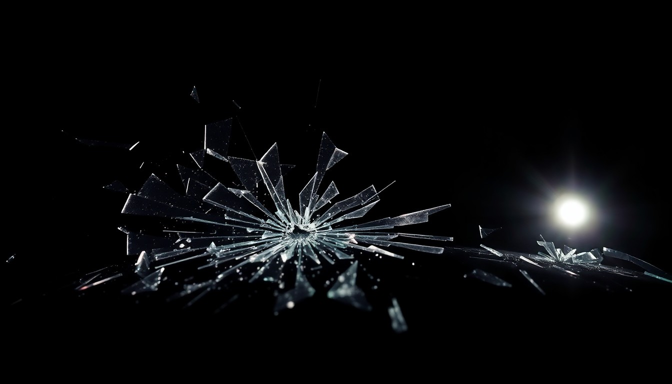 An extreme close-up photograph of shattered glass from a vehicle accident, capturing the harsh, gritty aftermath of the incident.