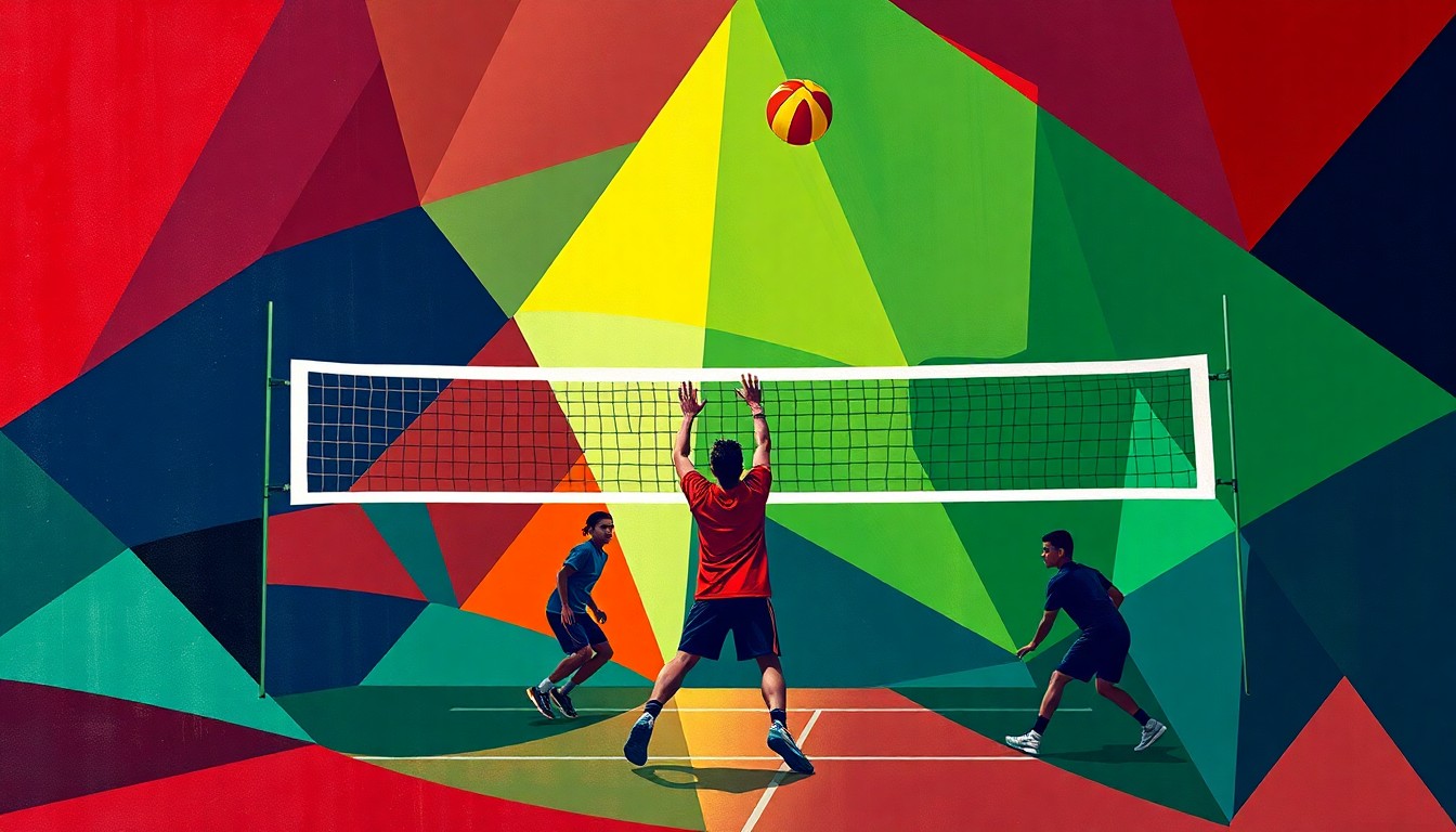 A cubist, geometric painting depicting a fragmented, multi-angled view of a boys volleyball game, with sharp planes of navy, green, and red conveying the dynamic energy of the new sport.
