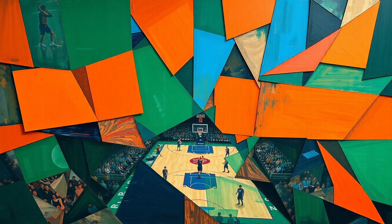 A cubist, geometric painting depicting fragmented, overlapping shapes and planes in vibrant colors, conceptually representing the dynamic changes to Iowa State's basketball roster.