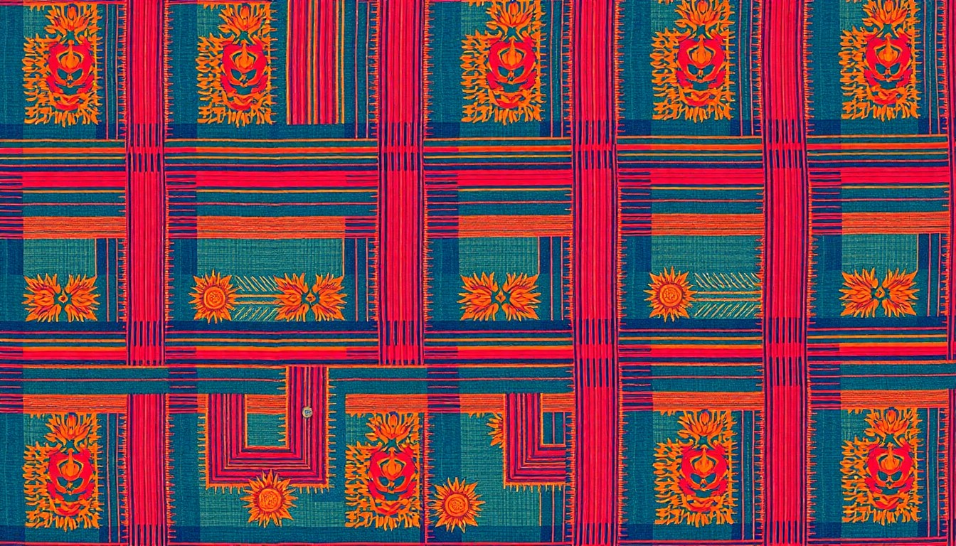 A vibrant, silkscreen-style illustration featuring a repeating pattern of a traditional Mexican rebozo shawl in a grid of warm, saturated colors, conceptually representing the bold, celebratory designs showcased at the Fiesta fashion show.