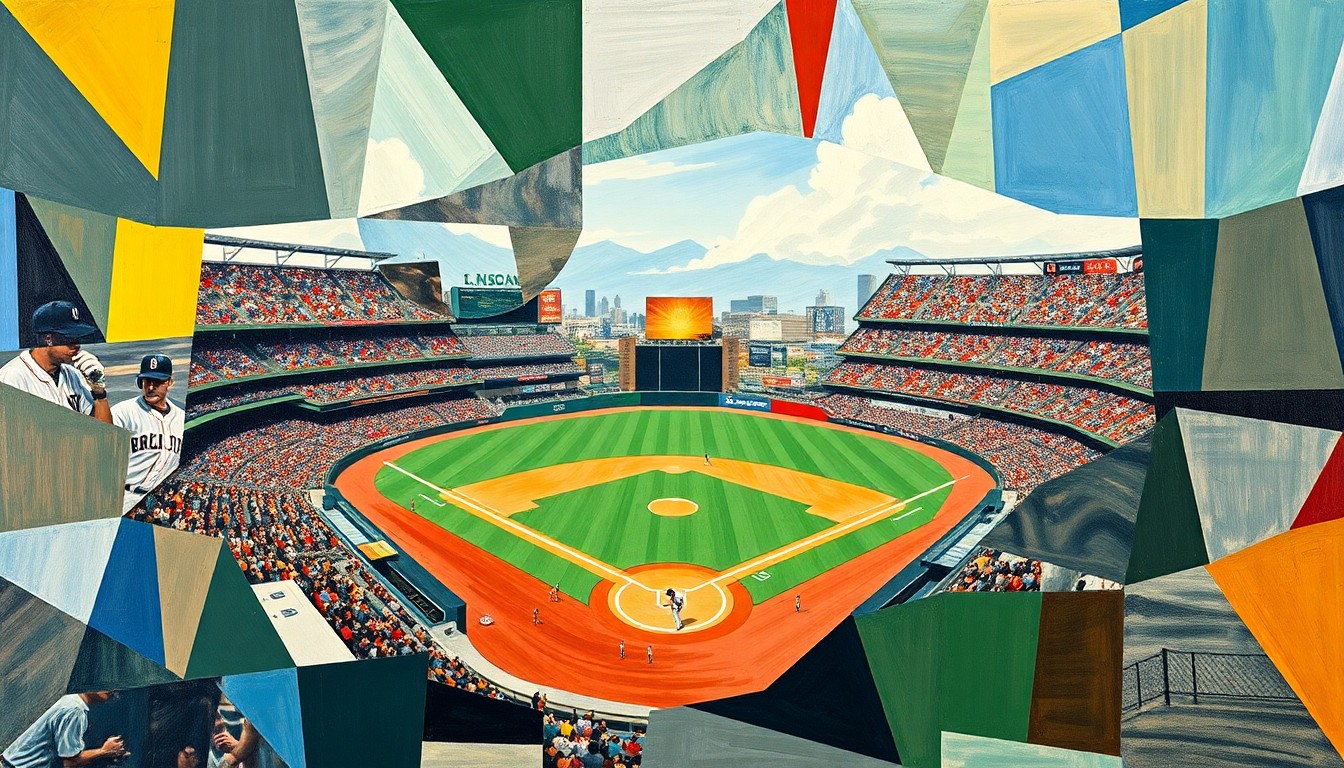A cubist-style painting depicting a baseball game, with the players, field, and stadium broken down into sharp, overlapping geometric shapes and planes of color, creating a dynamic and abstract visual representation of the sporting event.