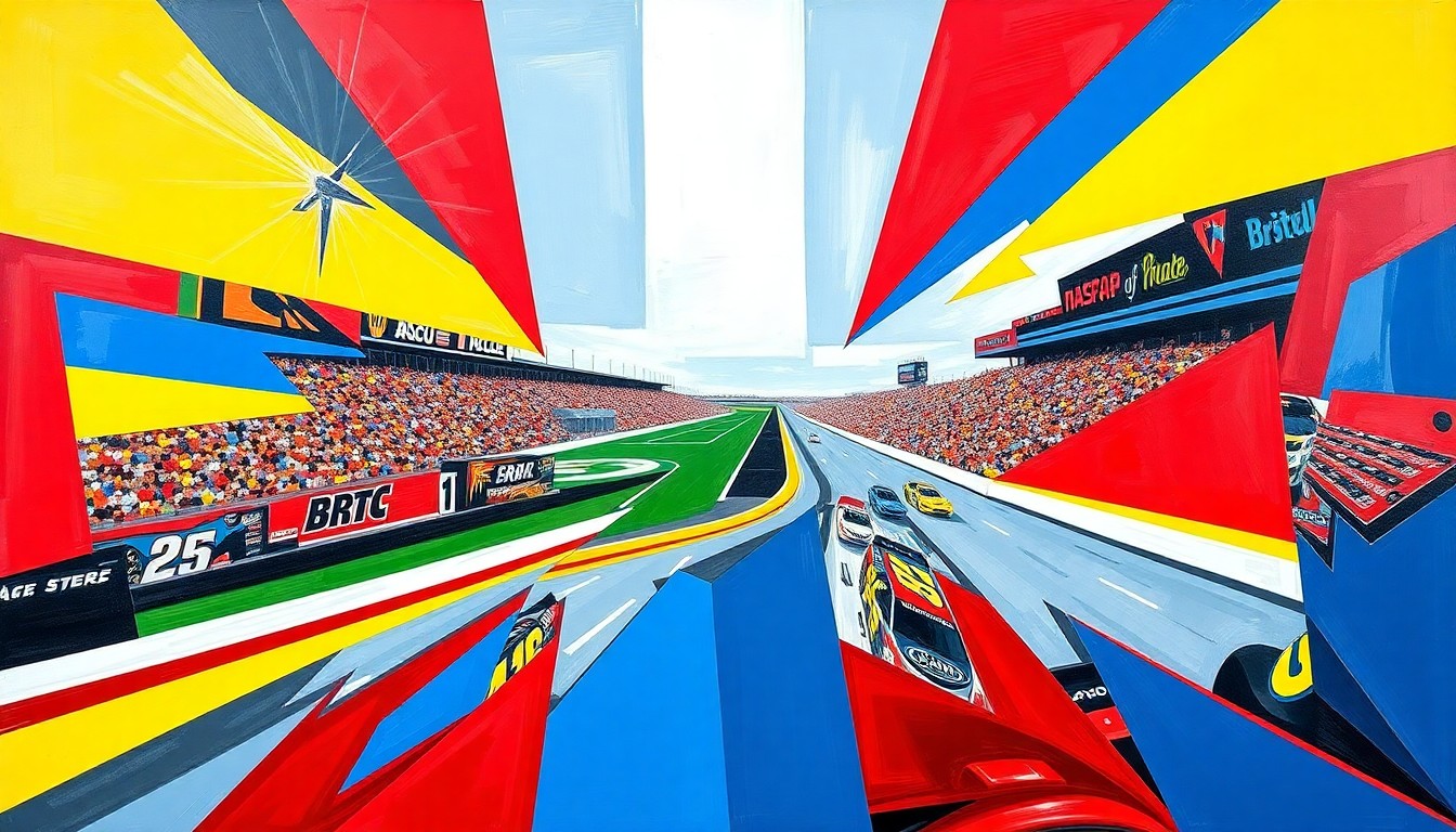 A cubist, geometric painting depicting a NASCAR race at Bristol Motor Speedway, with the cars and track represented through bold, angular shapes in a vibrant color palette, capturing the raw energy and competition of the event.