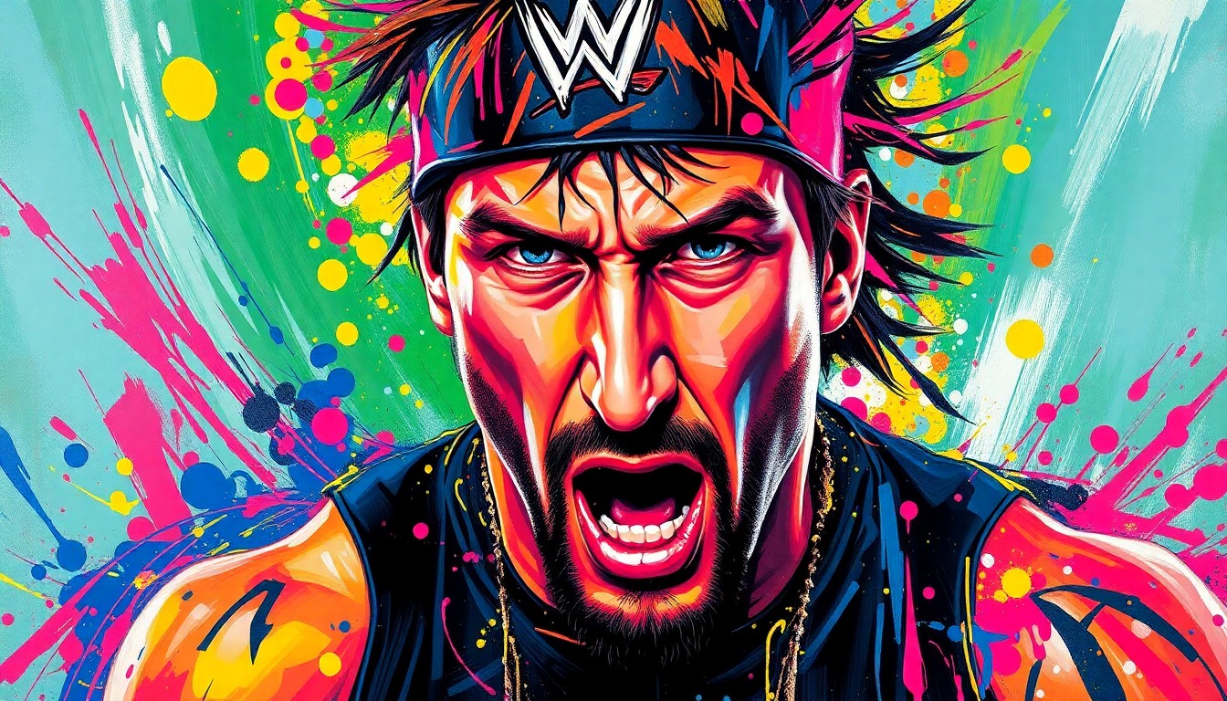 An abstract, expressionist painting featuring bold, neon-colored brushstrokes that capture the raw energy and movement of a professional wrestler, with the subject's face and details obscured into unrecognizable splatters of paint.