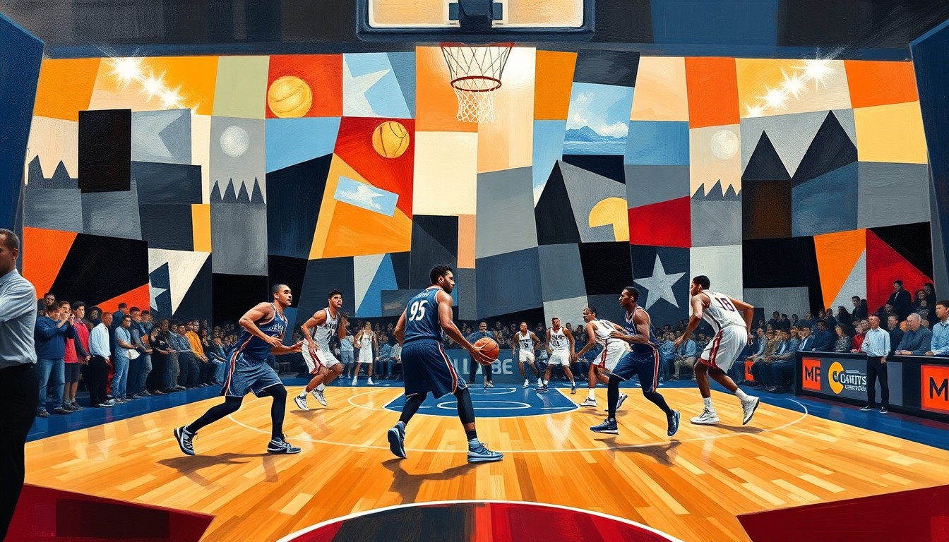 A fractured, multi-perspective painting depicting a basketball game, with sharp, overlapping geometric planes representing the players' movements and the court's energy. The image conceptually captures the intensity and competitiveness of the matchup between the two teams.