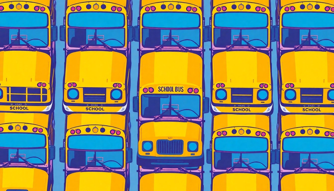 A bold, colorful silkscreen-style illustration featuring a repeating pattern of a school bus icon in vibrant neon hues, conceptually representing the transition and challenges facing the Petaluma school district.