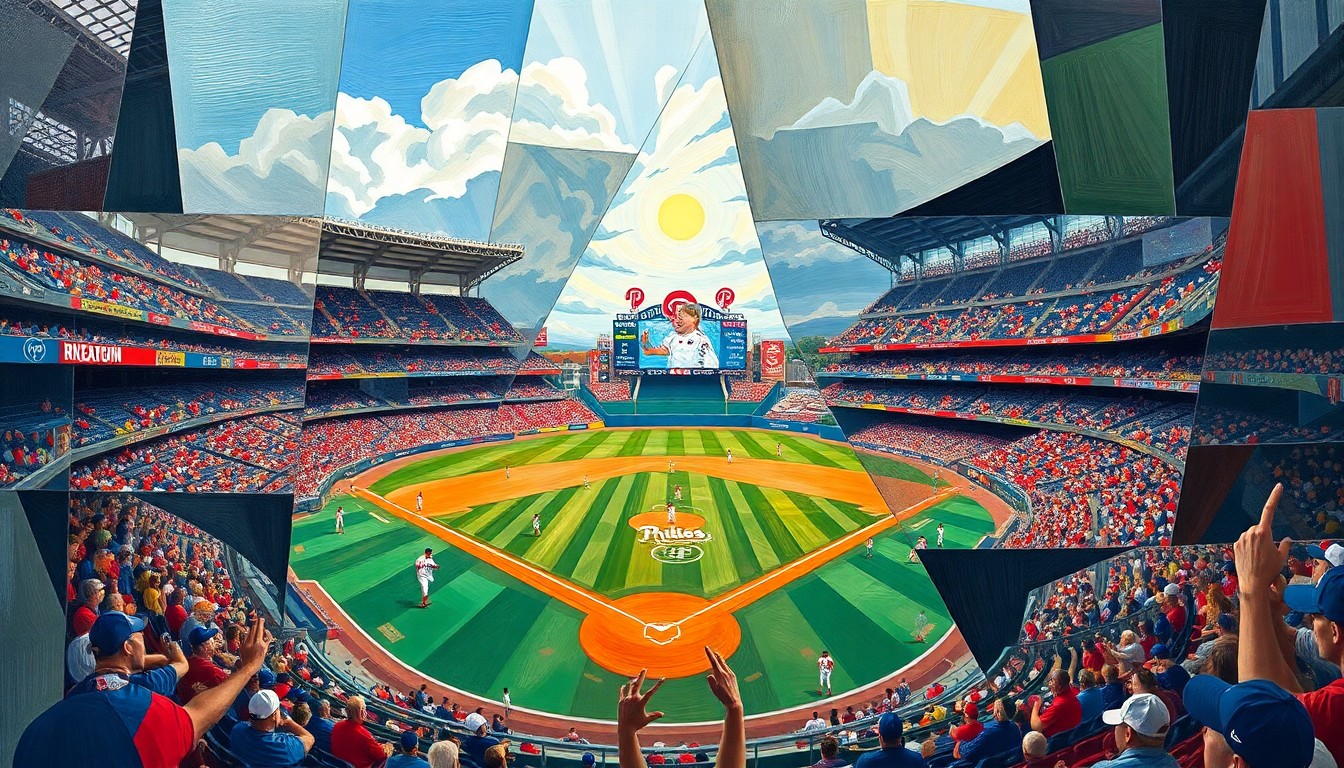 A cubist-style painting depicting a Phillies spring training game, with the players and field broken down into sharp, overlapping geometric shapes and planes in a vibrant color palette.