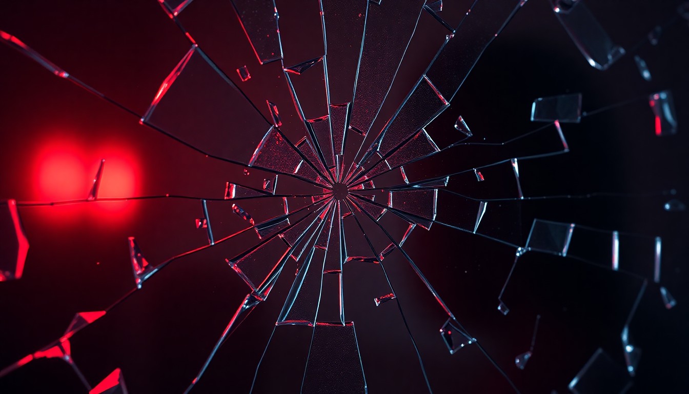 An abstract close-up photograph of shattered glass reflecting a faint red light, conveying the emotional intensity and broken trust within a high-profile relationship.
