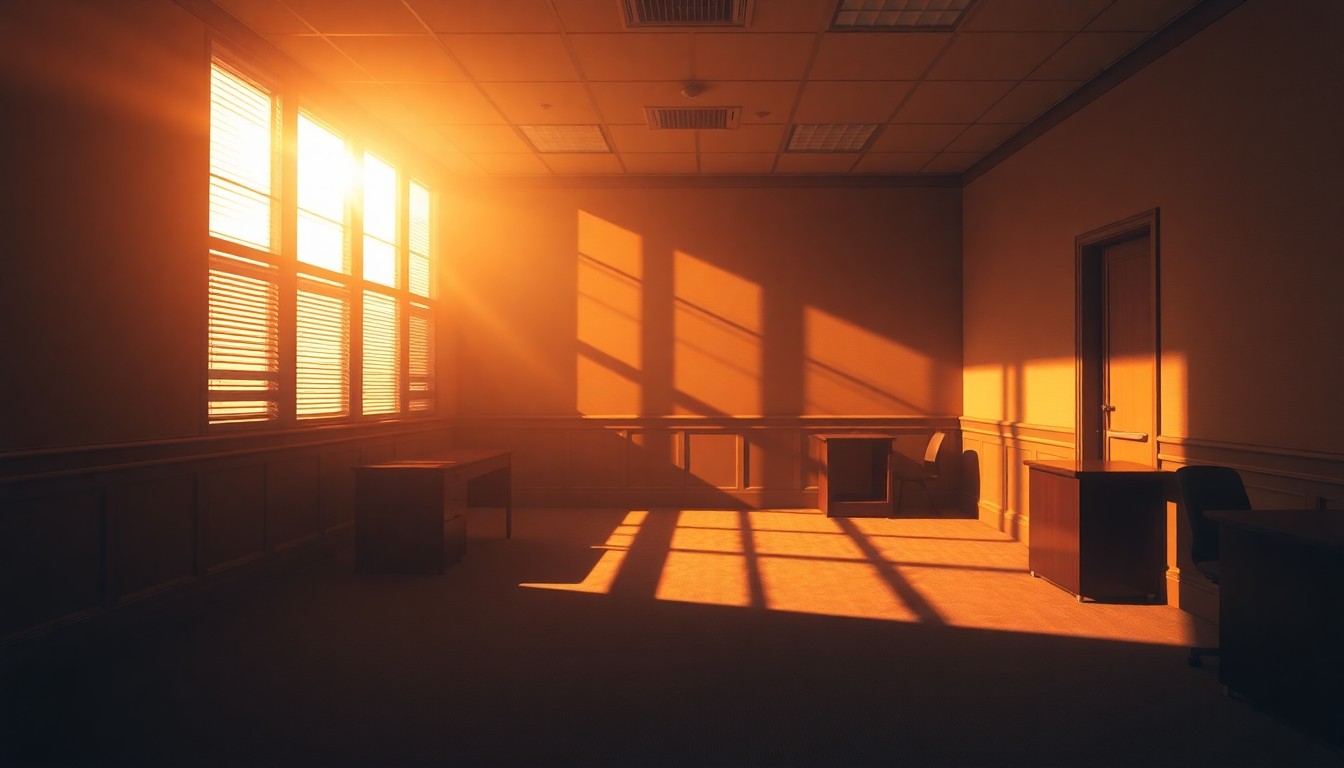A dimly lit, cinematic painting of an empty government office space, with warm sunlight streaming through the windows and deep shadows covering the desks and chairs, creating a sense of uncertainty and personal turmoil.