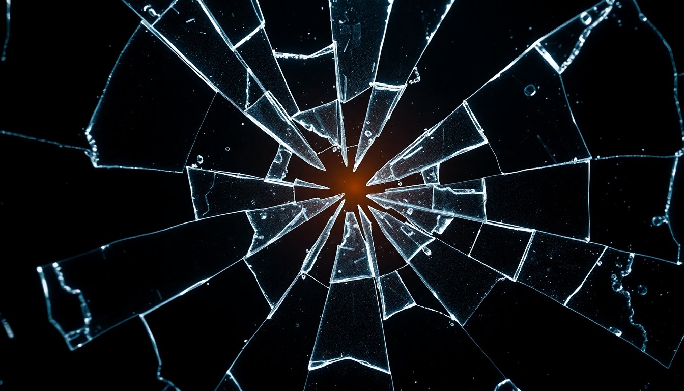 An extreme close-up photograph of a shattered glass surface, capturing the dramatic lighting and textural details to conceptually represent the fragility and tension of the music industry legal battle.